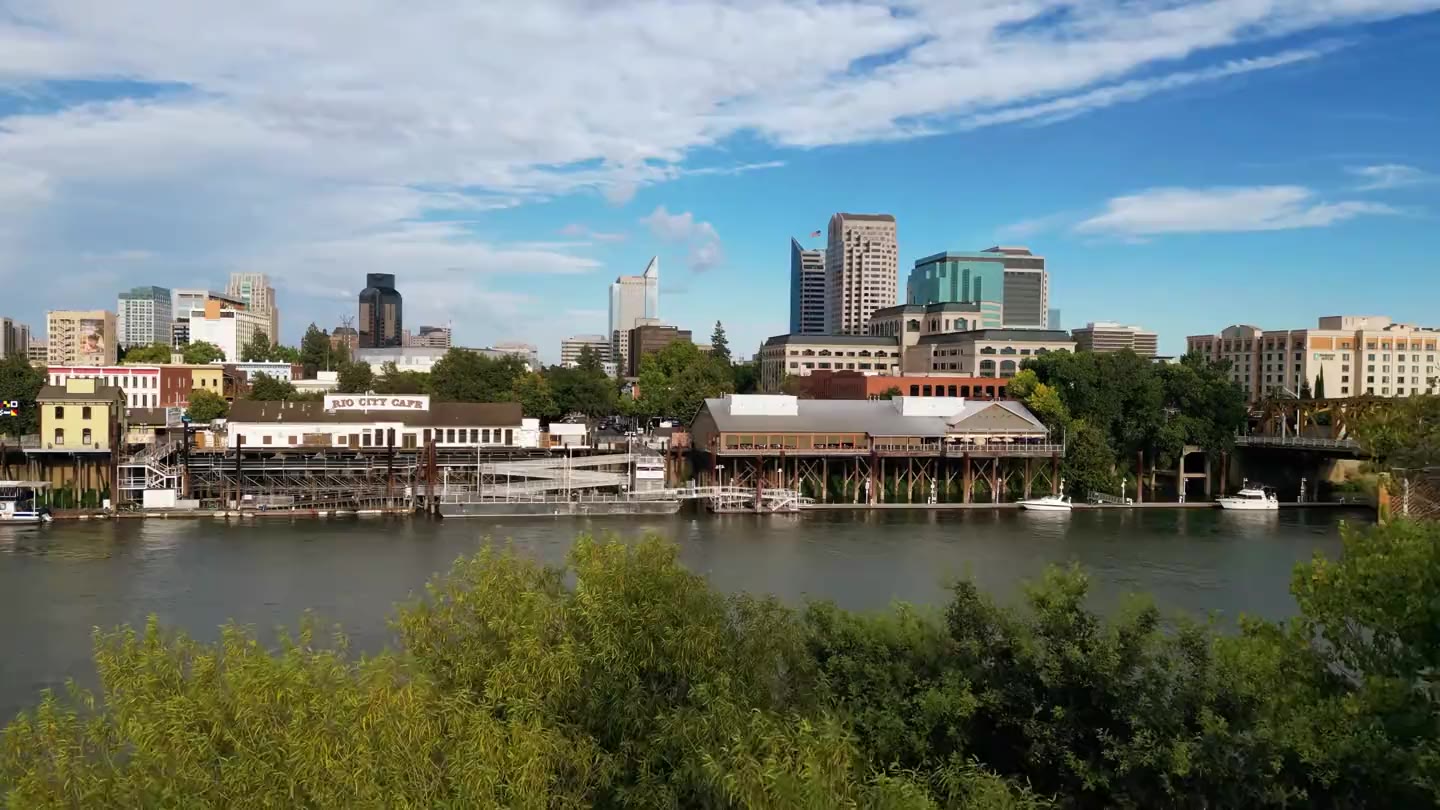 The downtown Sacramento skyline seen across the Sacramento River from the Old Sacramento waterfront